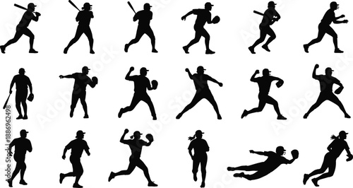 Baseball player silhouette action collection showing batting pitching running and catching poses in black vector style for sports design training illustration and athletic performance projects