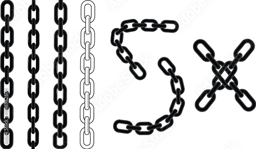 Black chain link vector set showing metal chains in straight curved and crossed shapes for industrial design security concepts decoration and graphic illustration projects