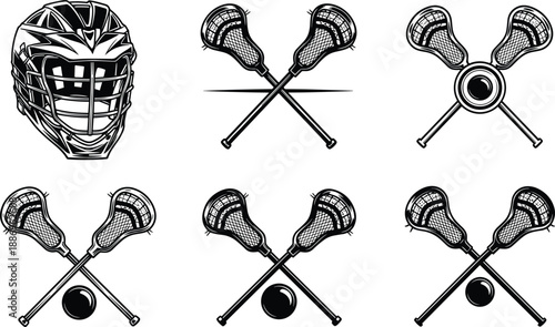 Black and white lacrosse equipment illustration set featuring helmet, crossed sticks, and ball icons, sports emblem and vintage style design isolated on white background
