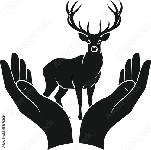 Black deer silhouette protected by human hands, wildlife conservation concept vector illustration isolated on white background for environmental, nature, and charity design
