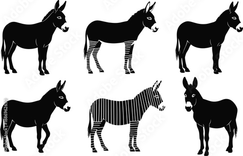 Black donkey silhouette collection with multiple poses and striped patterns, vector farm animal illustrations isolated on white background for design and branding