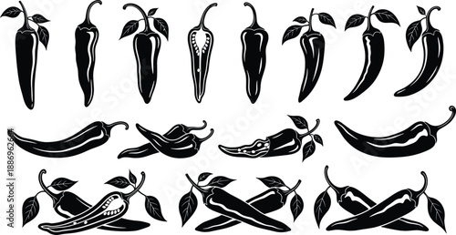 Black chili pepper vector illustration set showing whole, sliced, and stylized hot peppers in silhouette form, ideal for food design, spice branding, and culinary graphics
