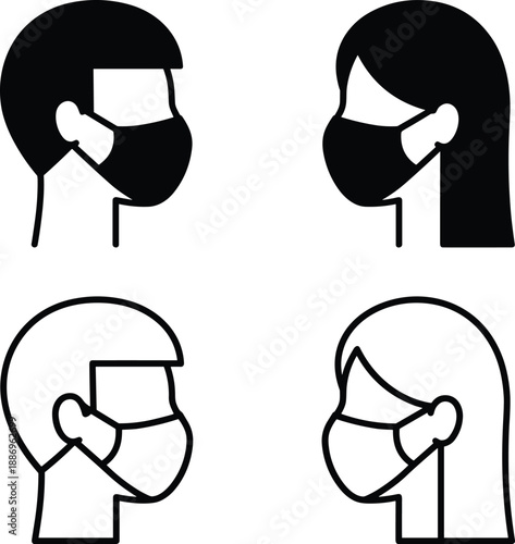 Public Health Safety Icon Set Featuring Male and Female Profiles Wearing Protective Face Masks for Viral Prevention and Medical Awareness