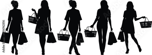 Black silhouette set of elegant women carrying shopping bags and baskets isolated on white background for retail marketing consumerism fashion sales and commercial advertising