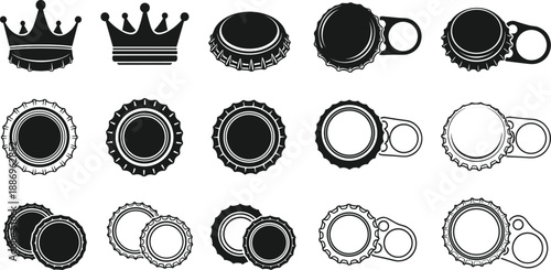 Bottle cap and crown silhouette icon set isolated on white background, beer caps and openers for beverage branding, packaging design, labels, and graphic projects