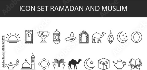 Ramadan Kareem Icon Set Featuring Mosque, Crescent Moon, Kaaba, Lantern, Camel, Prayer Mat, Quran, and Islamic Symbols for Eid Mubarak Designs