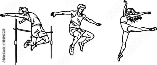 Black and white illustrations of athletes jumping and hurdling in various dynamic poses  athletic movements