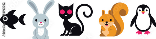 Cute animal cartoon icon set featuring fish rabbit cat squirrel and penguin characters in colorful flat vector style for kids education apps stickers and playful design projects