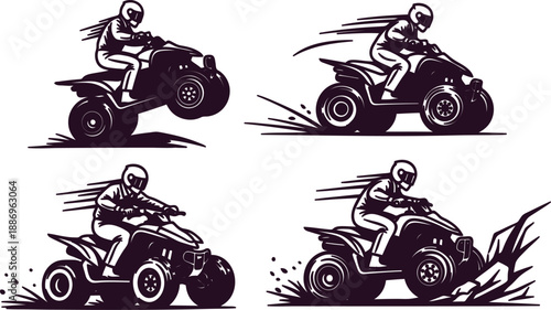 Four black and white illustrations of a person riding an ATV in different positions  speeding through various terrains