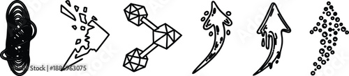 Collection of five different black line art arrows and geometric shapes pointing upwards and sideways  abstract designs and pointers