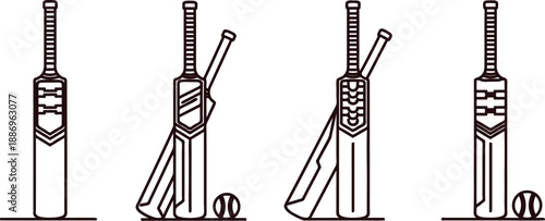 Four cricket bats and two cricket balls on white background for sports equipment illustration