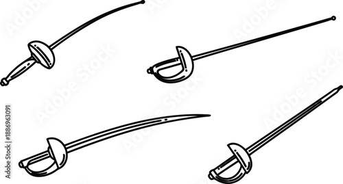 Four black and white line art illustrations of fencing swords  various angles and positions