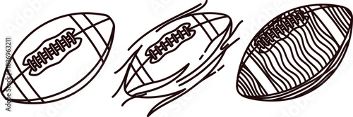 Three american footballs with different designs and patterns moving fast  sports equipment