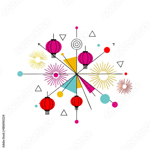 Vibrant graphic design featuring colorful geometric shapes and abstract patterns on a clean white background with a playful mood.