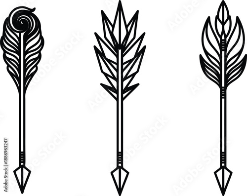 Three black and white illustrations of ancient arrows with feathers  decorative weapon elements