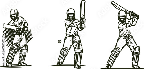 Three cricket players in different batting poses with helmets and bats  sports actions
