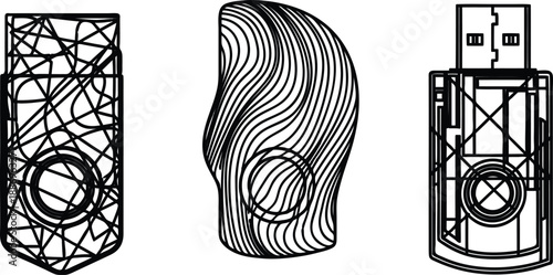 Three black and white line art designs of abstract shapes and patterns on white background