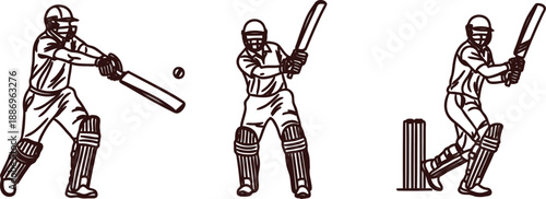 Three cricket players in different batting stances with bats and protective gear isolated on transparent background