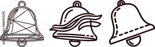Three different bell designs with various line styles and patterns  simple illustrations