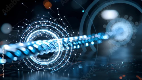A luminous blue cable threads through a futuristic circuit board with glowing rings