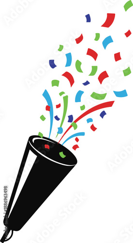 Silhouette of a party popper with colorful confetti and streamers