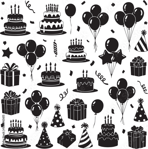 Birthday celebration silhouette graphics with cakes balloons gifts and confetti