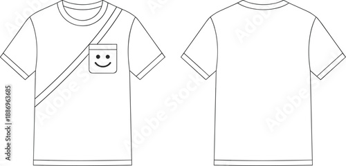White T-shirt Mockup Featuring Smiley Face Pocket Detail and Diagonal Strap Design, Minimalist Streetwear Fashion Template for Custom Graphic Clothing