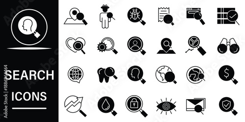 Minimalist search icons set. Solid icon collection. Containing magnifying glass, AI search, zoom in, data, find, research, SEO and more. Vector illustration.
