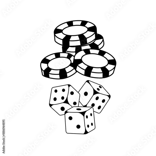 minimalist hand drawn casino chips and dice line art vector illustration
