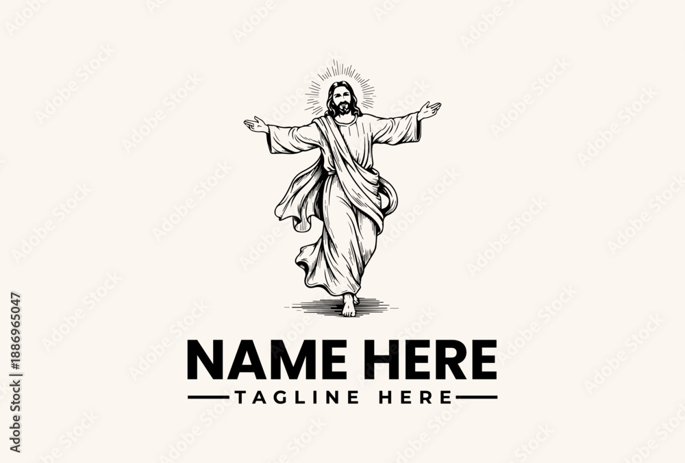 Fototapeta premium A black and white illustration of Jesus Christ with outstretched arms, wearing a robe, surrounded by a halo, on a beige background with space for a logo and tagline.