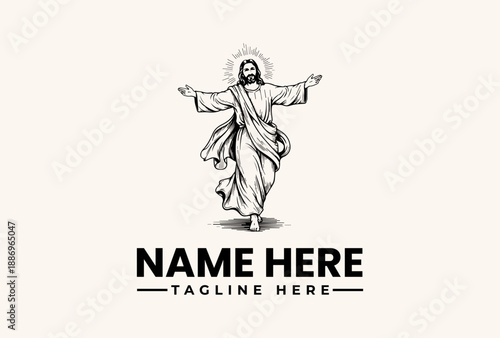 A black and white illustration of Jesus Christ with outstretched arms, wearing a robe, surrounded by a halo, on a beige background with space for a logo and tagline.