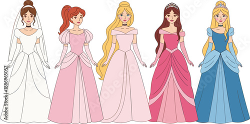 Cartoon princess and bride character vector set, girls wearing colorful ballgowns and wedding dress, fairy tale collection isolated on white background.