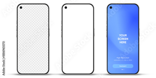 Realistic smartphone mockup. Mobile phone vector with isolated on white background. Device front view. 3D mobile phone with shadow. Realistic, high quality smart phone mockup for ui ux presentation.