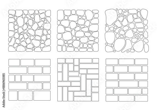 Landscape Architecture CAD Vector Patterns Set. Grass, Water, Stone, Wall, and Texture Elements