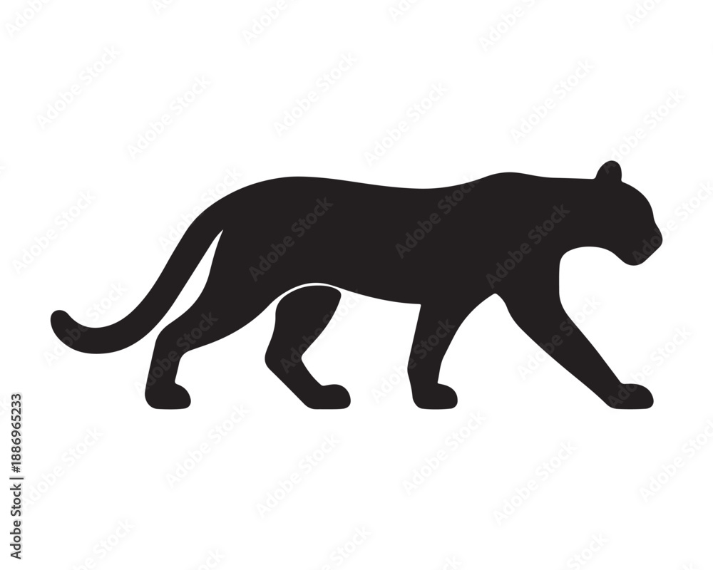 Fototapeta premium A striking black panther silhouette captured in a dynamic walking pose on a white background 