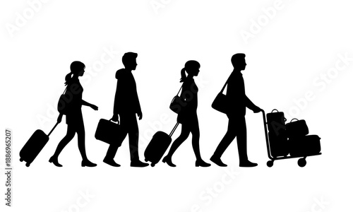 Travelers and Passengers Silhouette Set, People Walking with Suitcases and Luggage Cart, Airport Terminal Transit, Tourist Group, Business Travel and Vacation Trip, Transportation Services Concept