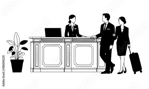 Hotel Reception Desk Illustration, Business Travelers Checking in at Front Desk, Professional Concierge Service, Hospitality Industry, Traveling Couple with Suitcase, Resort Lobby Interior Concept