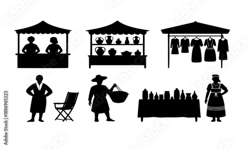 Street Market Stall Silhouette Set, Local Fair Vendors and Shopkeepers, Outdoor Retail Kiosk, Craft Exhibition Display, Clothing and Pottery Booth, Farmers Market Festival, Retail Trade Concept