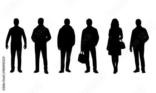 Casual People Silhouette Set, Men and Women Standing in Everyday Clothing, Pedestrian Group for Urban Architectural Visualization, Male and Female Characters with Handbags, Street Life Collection