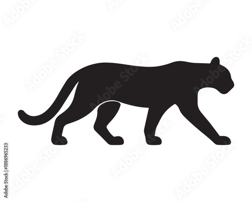 A striking black panther silhouette captured in a dynamic walking pose on a white background
