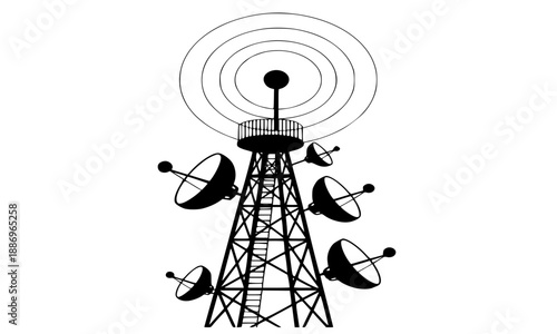 Telecommunications Tower Silhouette Set, Satellite Dish Antenna for Communication and Broadcasting, Radio Mast with Signal Waves, Network Infrastructure, Cellular Data and Global Link Concept