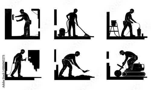 Professional Cleaning and Maintenance Service Silhouettes, Janitor and Worker Character Poses, Industrial Floor Cleaning, Pressure Washing, Painting and Renovation, Facility Management Concept Set