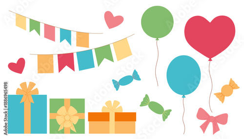 A set for a holiday, a balloon, a gift, a candy, a garland, a heart. Vector illustration for decoration. Preparing for a festival, a party, a birthday.