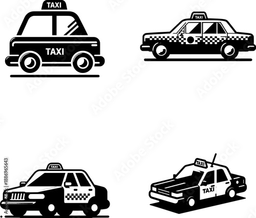 set of flat black and white taxi silhouette icon, simple vector design, isolated on white background.