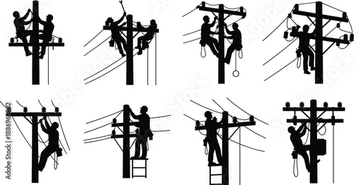 Electrician and lineman silhouettes working on power poles, vector industrial worker collection illustrating electrical maintenance, energy infrastructure, construction safety, and utility 