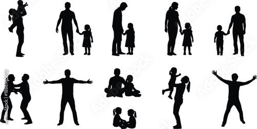 Family silhouette icon set with parents and children isolated on white background, bonding activities and poses for parenting design, lifestyle illustrations, and graphic projects