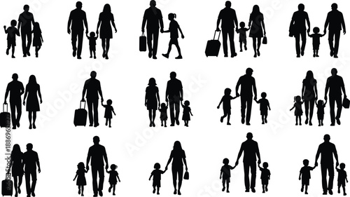 Family walking silhouette collection showing parents and children holding hands with travel bags in black vector style for lifestyle parenting travel and people illustration projects