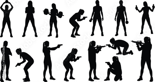 Female tactical and fitness silhouette set showing armed training poses workout exercises and action stances in black vector style for security sport and illustration projects