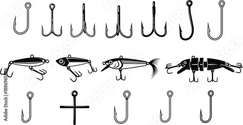 Fishing hook and lure silhouette collection featuring assorted hooks treble hooks and bait lures in black vector style for angling sport fishing tackle design and outdoor illustration projects