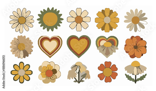 Create a colorful flat vector icon set of chamomile and daisy flowers. Include round camomile blooms, smiling daisy faces, heart-shaped petal flower, layered daisy badges, and simple floral symbols. U